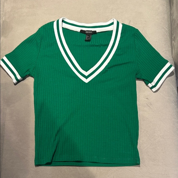 Forever 21 Tops - Forever 21 Green Ribbed V-Neck with White Trim
